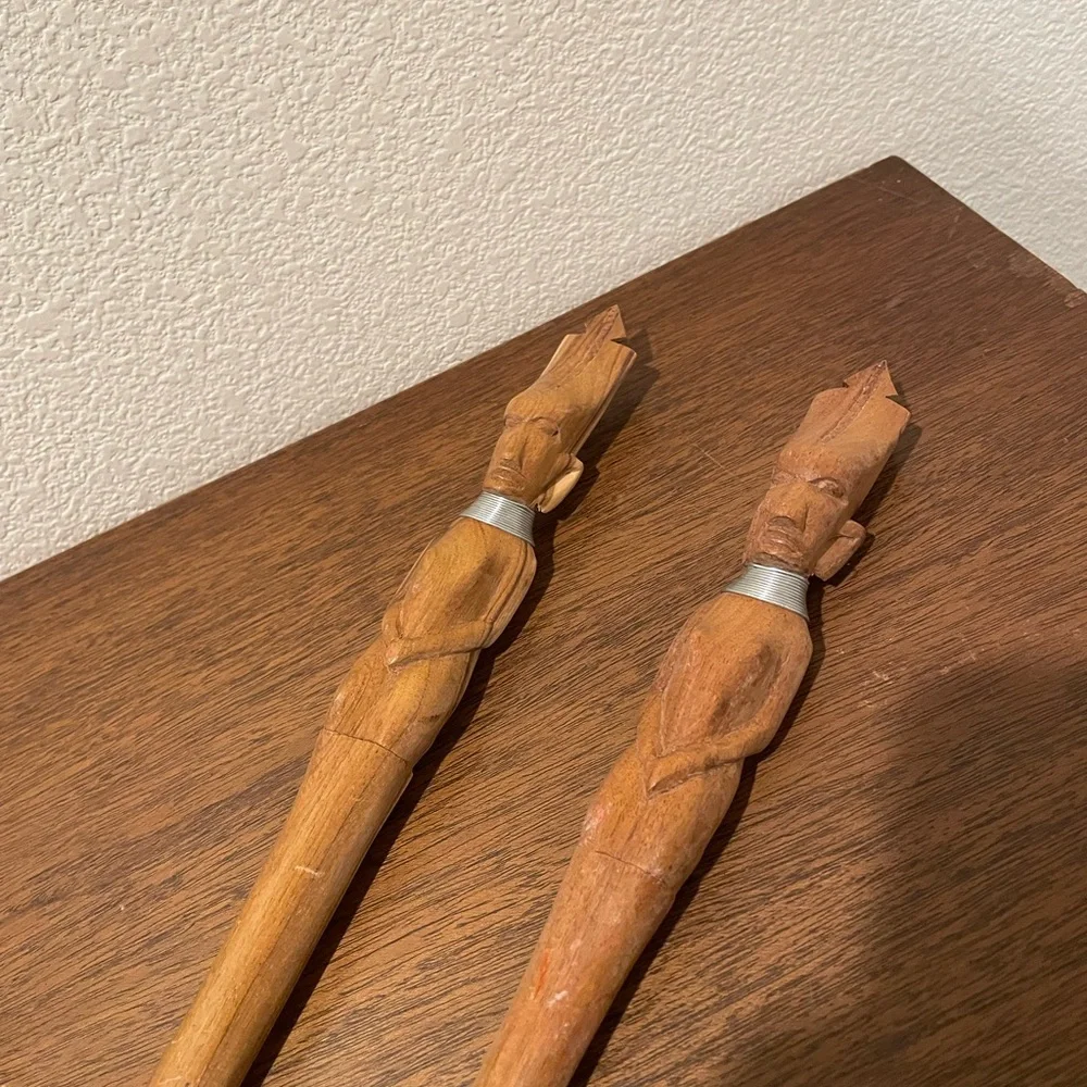 Vintage Wood Carved African Tribal Salad Utensils Serving Set